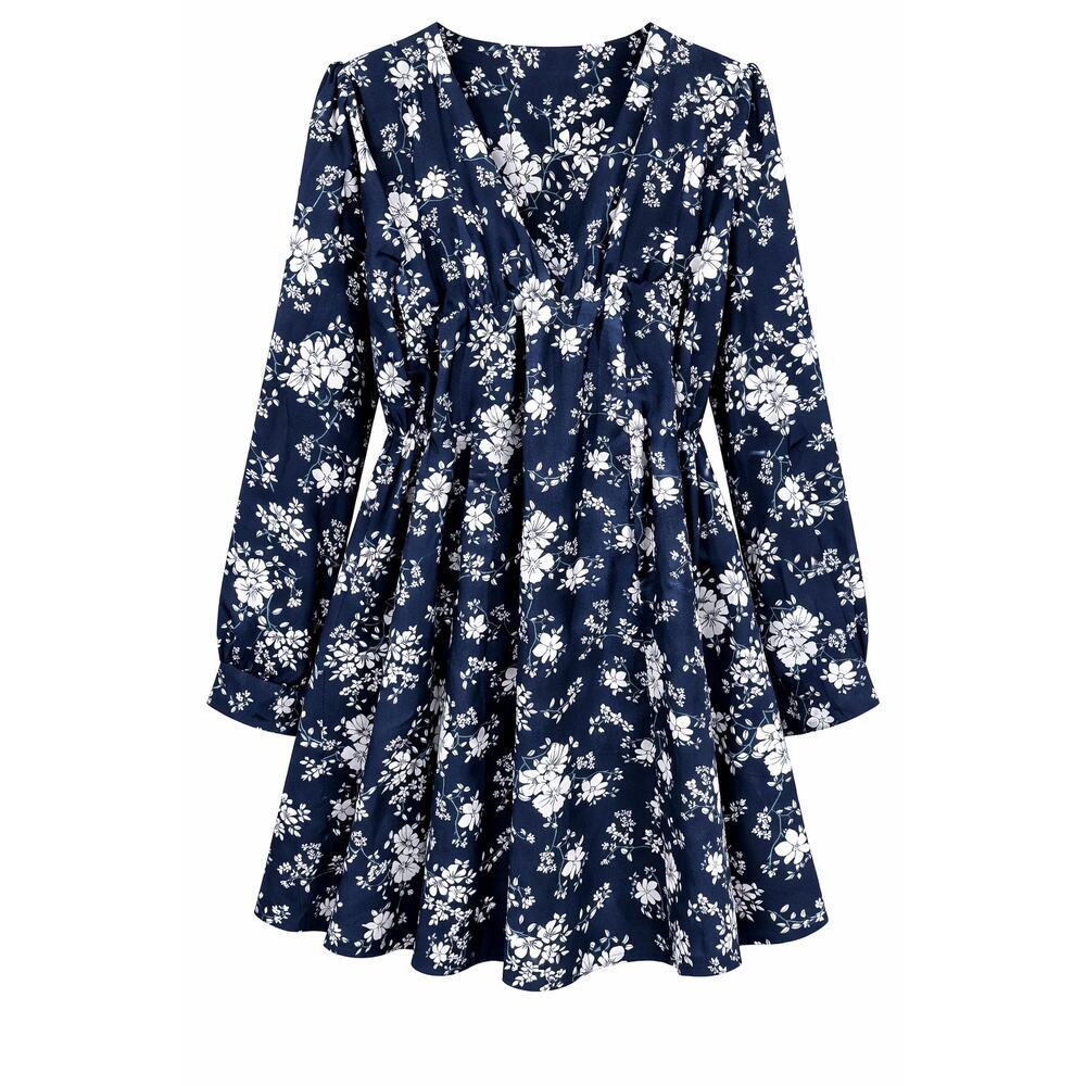 Womens Boho Cottagecore Blue Floral High Low Tunic Top Bell Sleeve Lace Trim - Picture 8 of 10